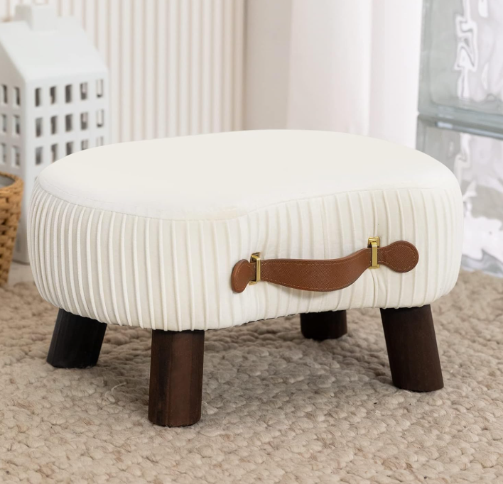 Curved velvet small foot stool with carry handle and solid wood legs, cushioned step stool for couch and living room